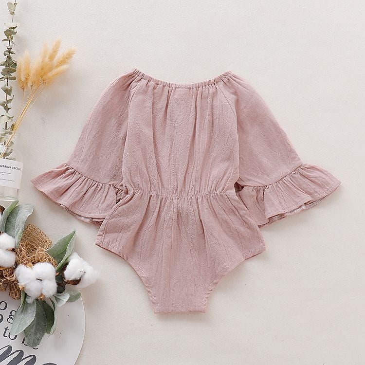 Solid Bowknot Long-sleeve Romper